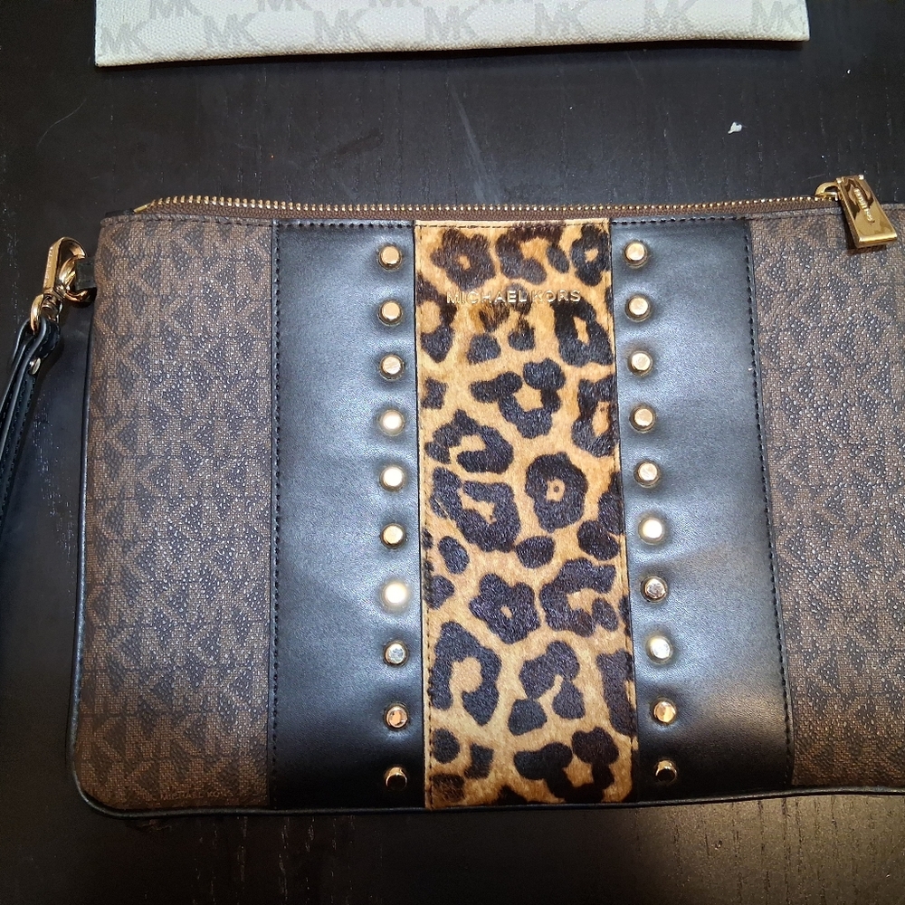 Michael Kors Leopard Print and Black Clutch